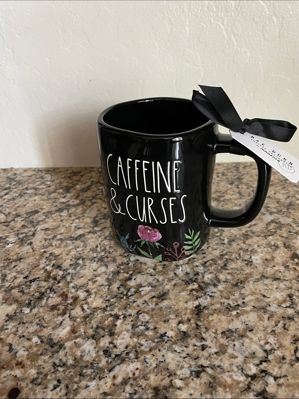 Rae Dunn Black 'Caffeine & Curses' Floral Ceramic Mug
